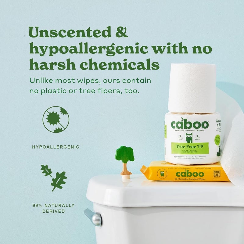 CABOO Tree Free Flushable Wipes, Certified Flushable, Septic Safe, Biodegradable, Chemical Free, Unscented Wipes for Adults made with Renewable Bamboo Based Viscose (Pack of 3, Total of 180) - Image 4